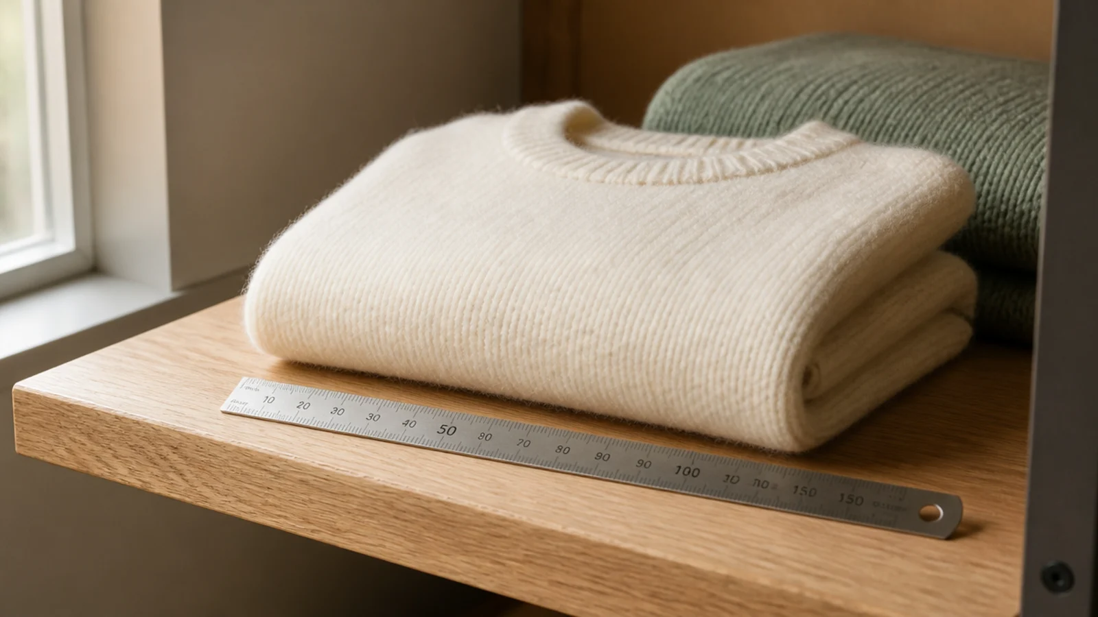 folded sweater measured on a fourteen inch deep closet shelf board