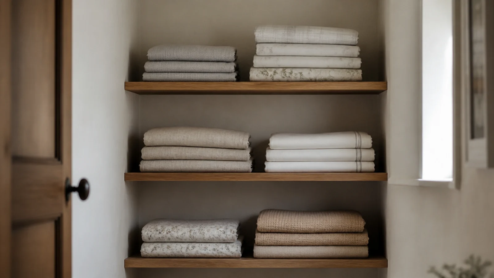 slotted standards hidden behind oak closet shelves holding folded clothes