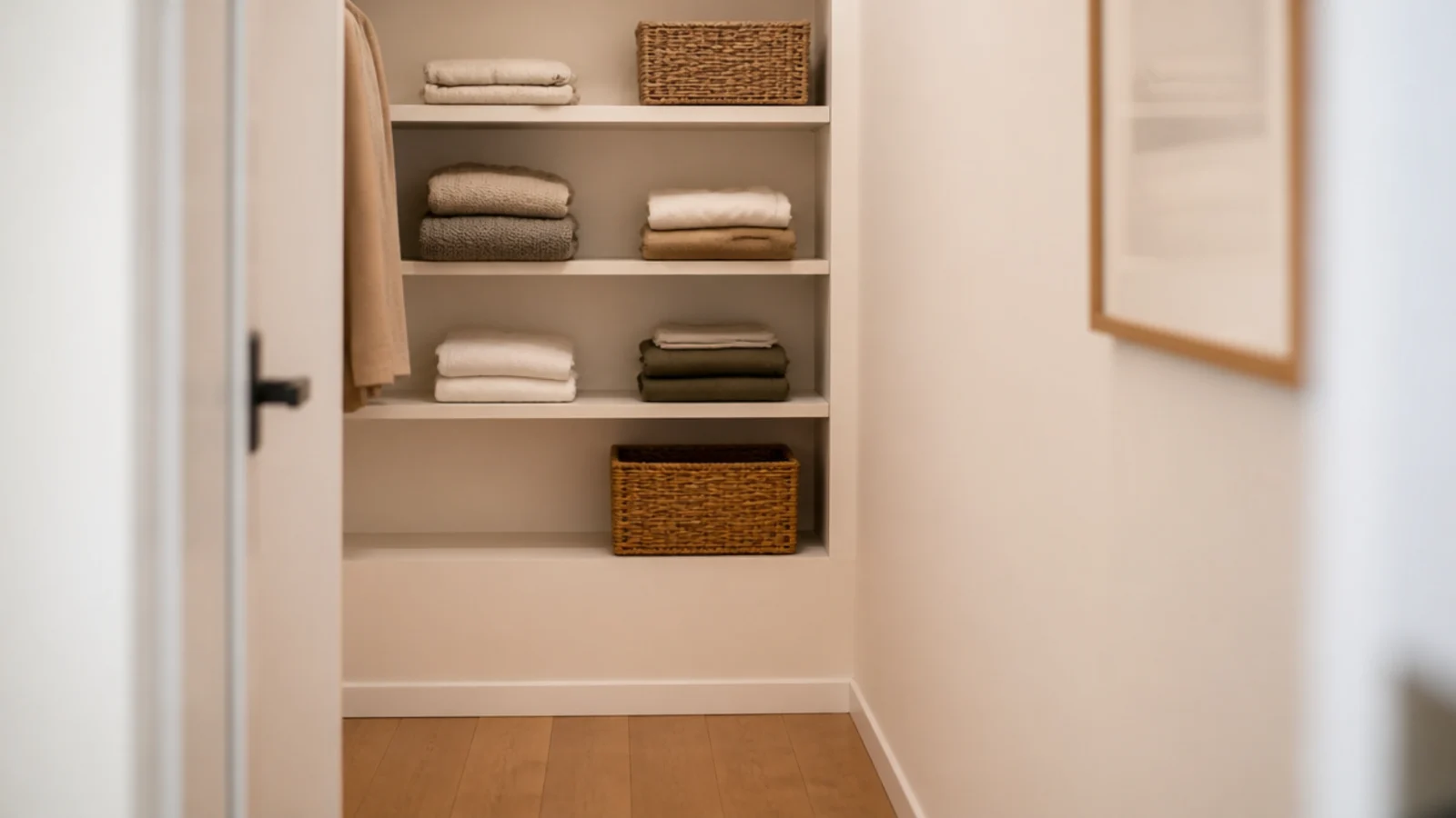 closet shelving painted the same warm white as the surrounding wall
