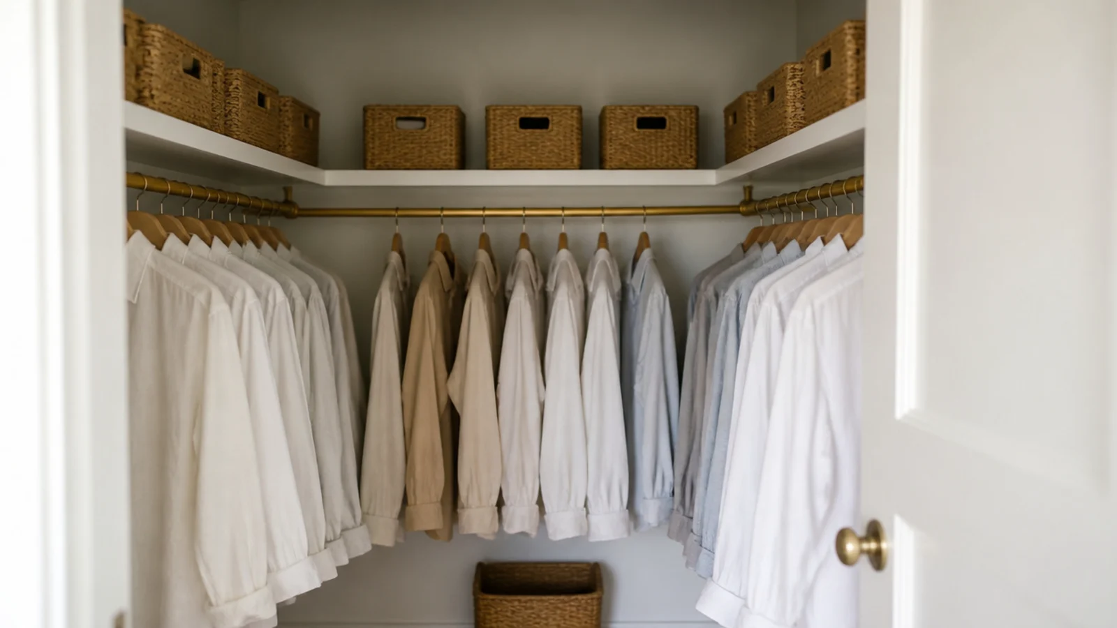 single high shelf wrapping three closet walls above hanging clothes