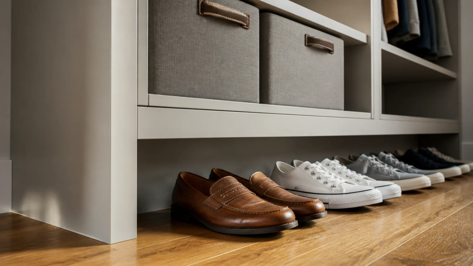 recessed toe kick under closet shelving with shoes lined on the floor