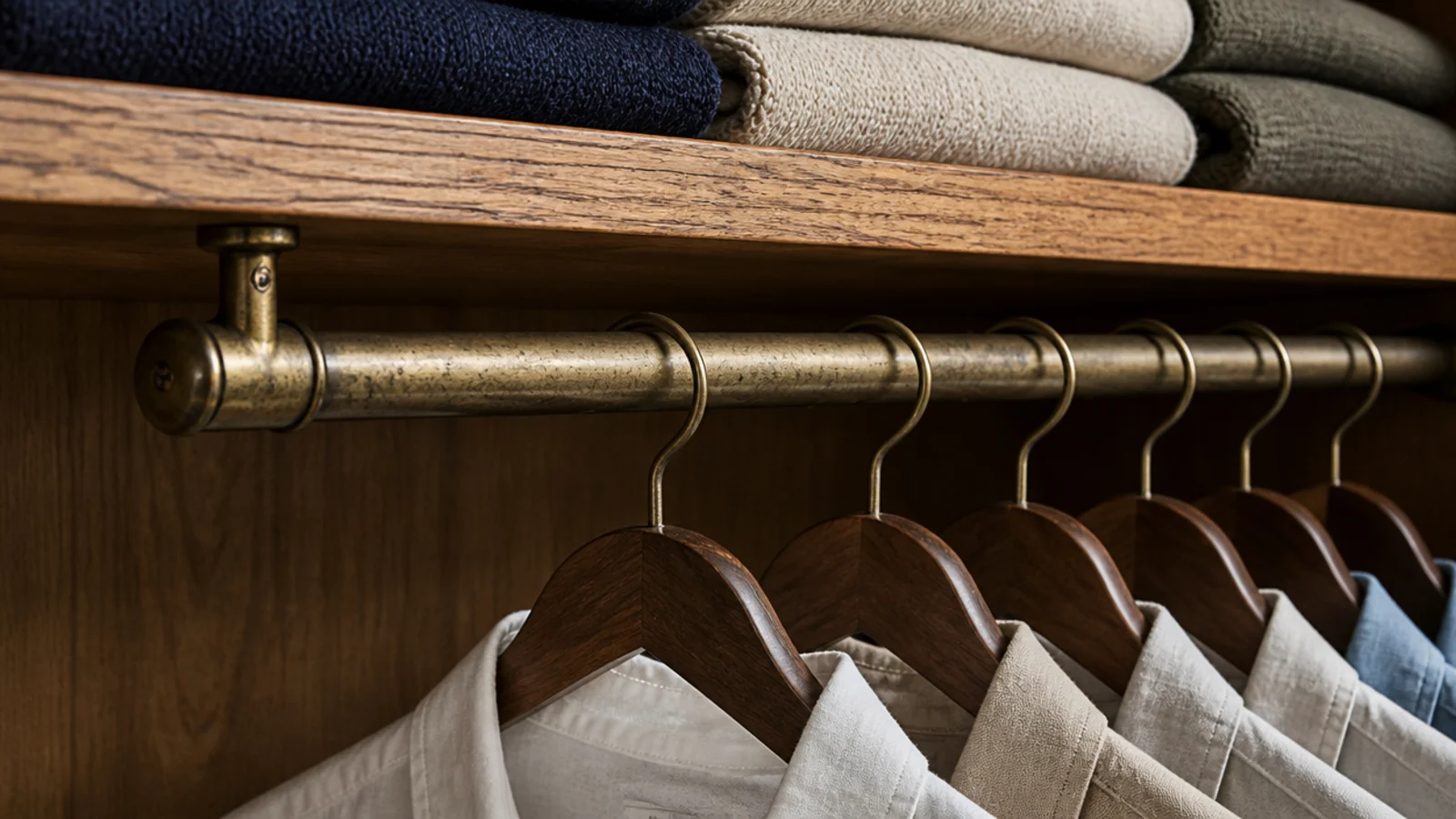brass hanging rod fitted beneath an oak closet shelf holding shirts