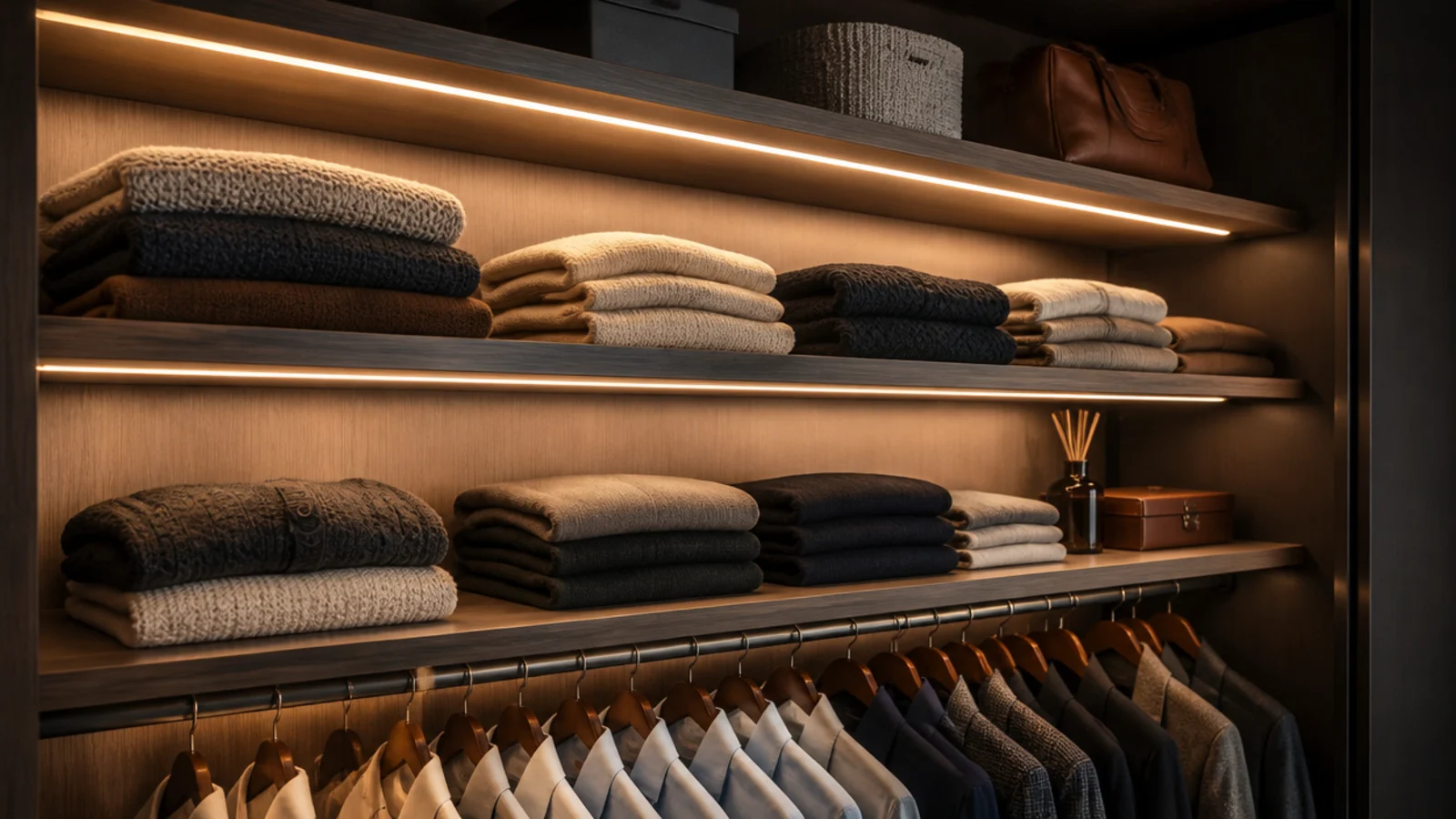 warm light strips under closet shelf fronts illuminating folded clothing