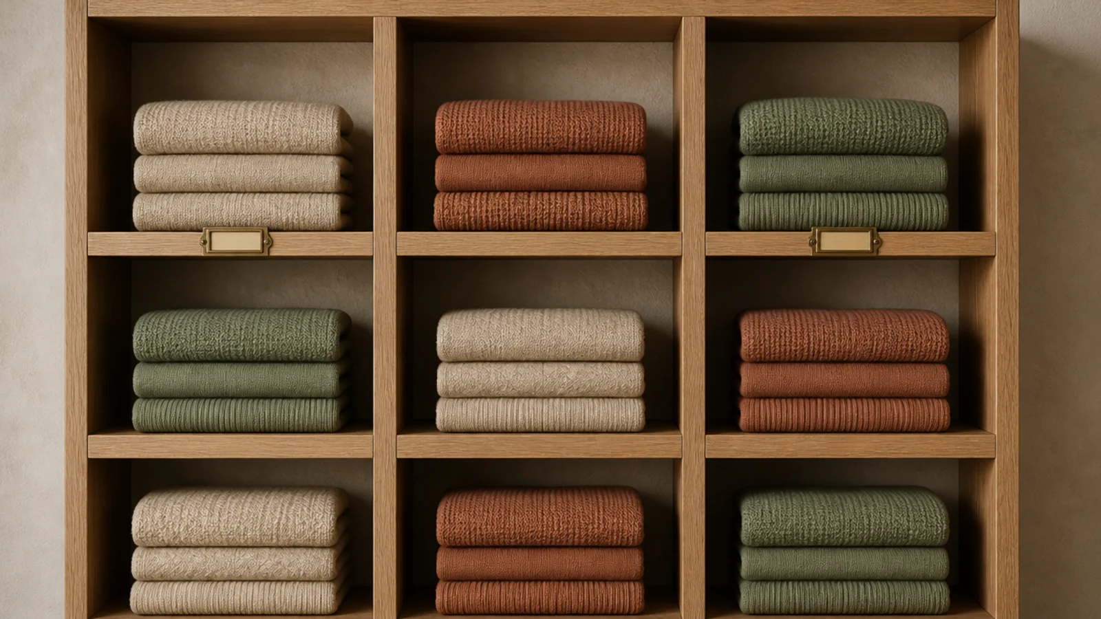 square closet cubbies each holding one neat stack of folded knitwear