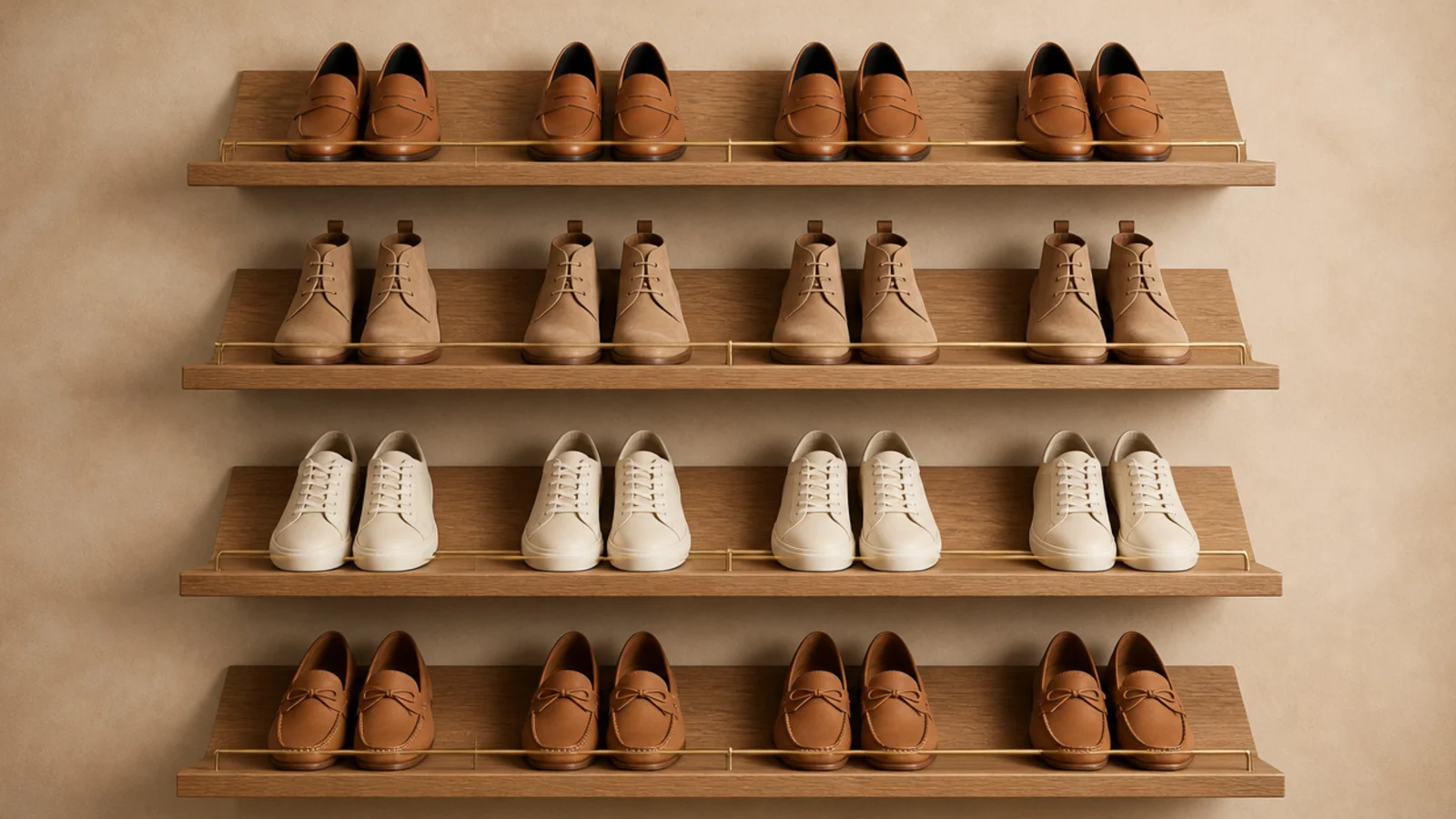 angled oak shoe shelves with brass lips displaying leather footwear