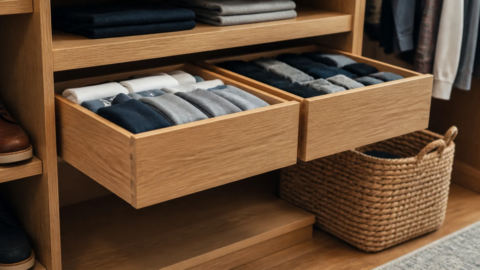 open wooden drawer boxes at knee height inside closet shelving