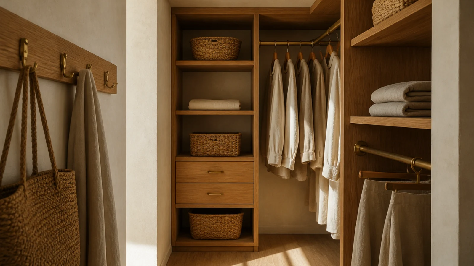closet shelving in oak and brass only with neutral folded clothing