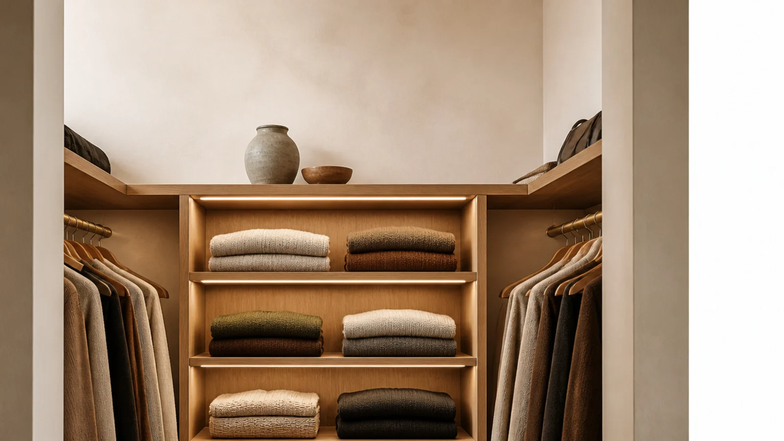 vertical view of custom looking small closet shelving with knits and brass