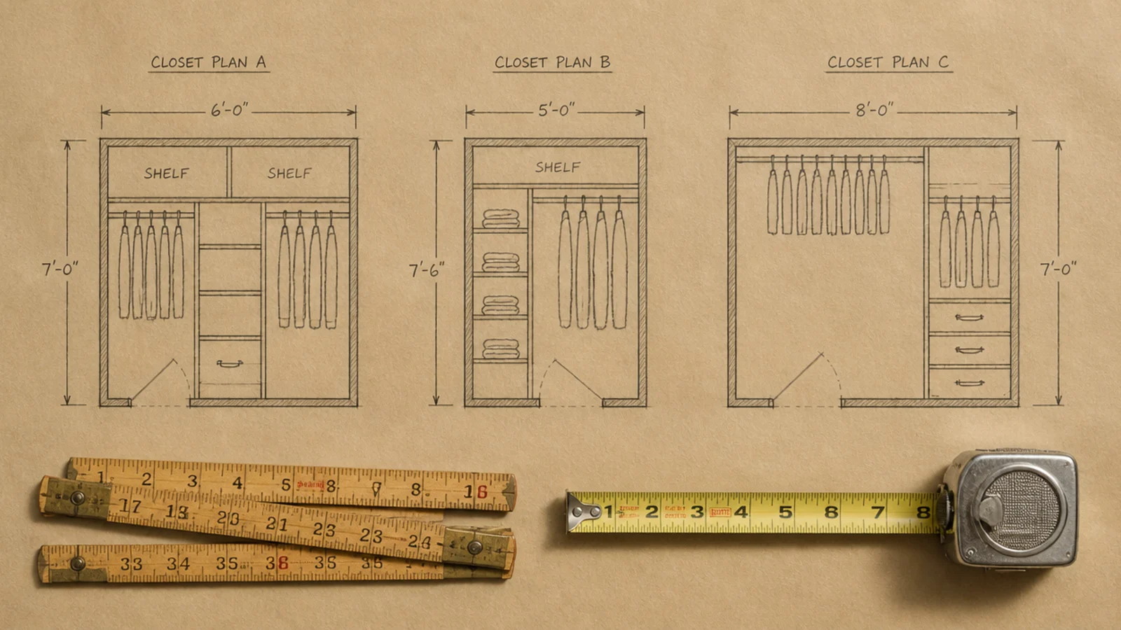 closet floor plan sketches showing single sided galley and u shaped options
