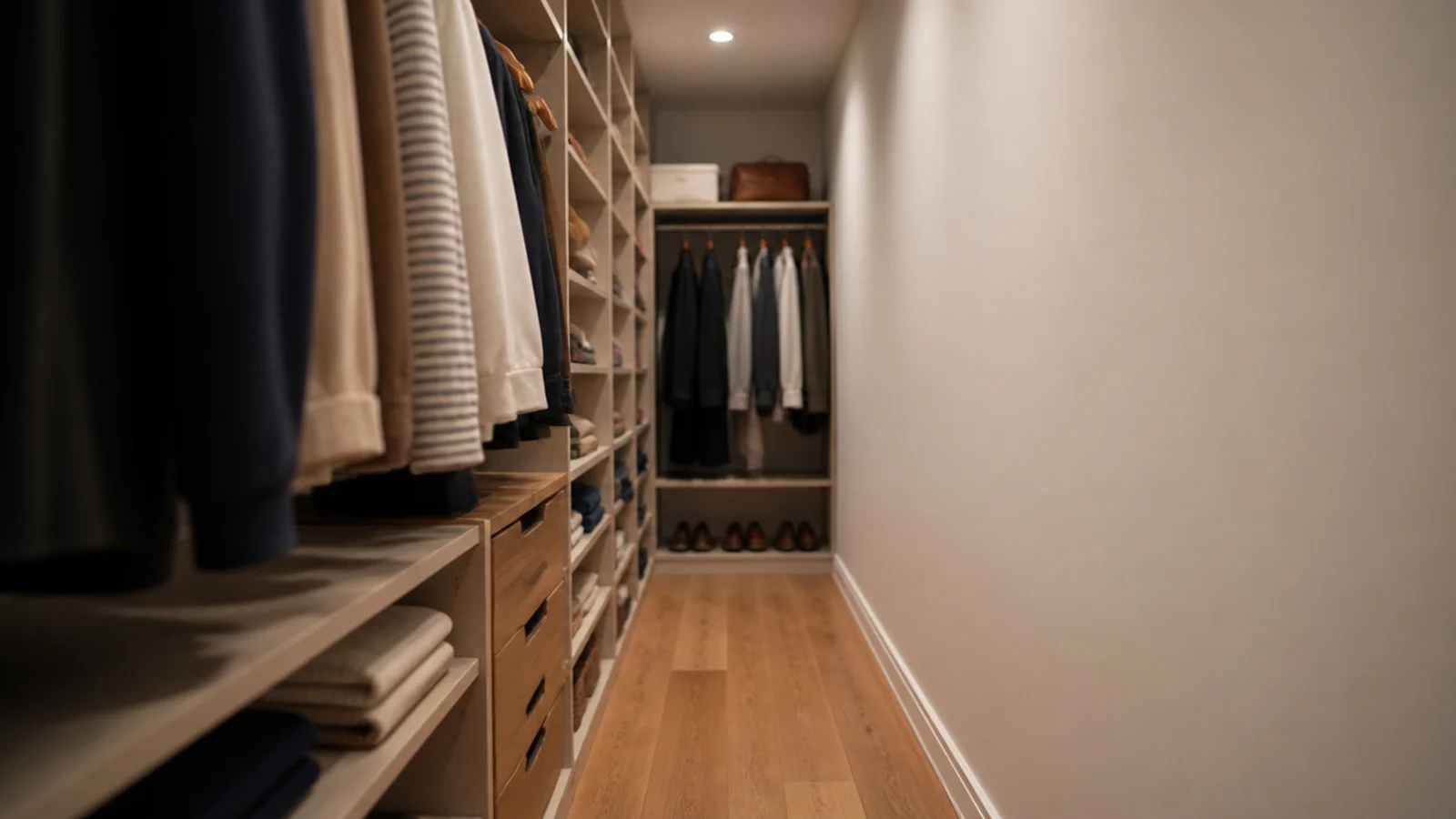 single sided closet layout with one hanging wall and a bare opposite wall