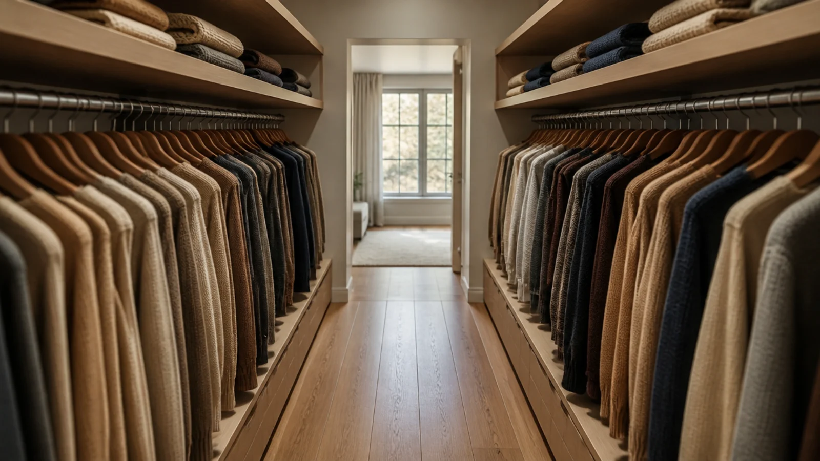 galley closet layout with hanging rods facing each other across a walkway