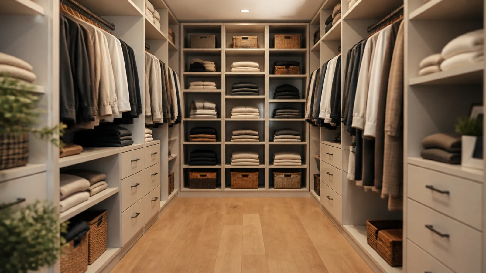 u shaped closet layout wrapping three walls with hanging and shelving