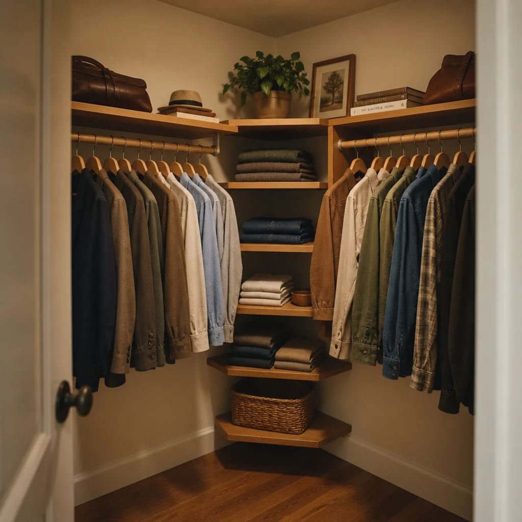 l shaped closet layout using two adjoining walls in a square room