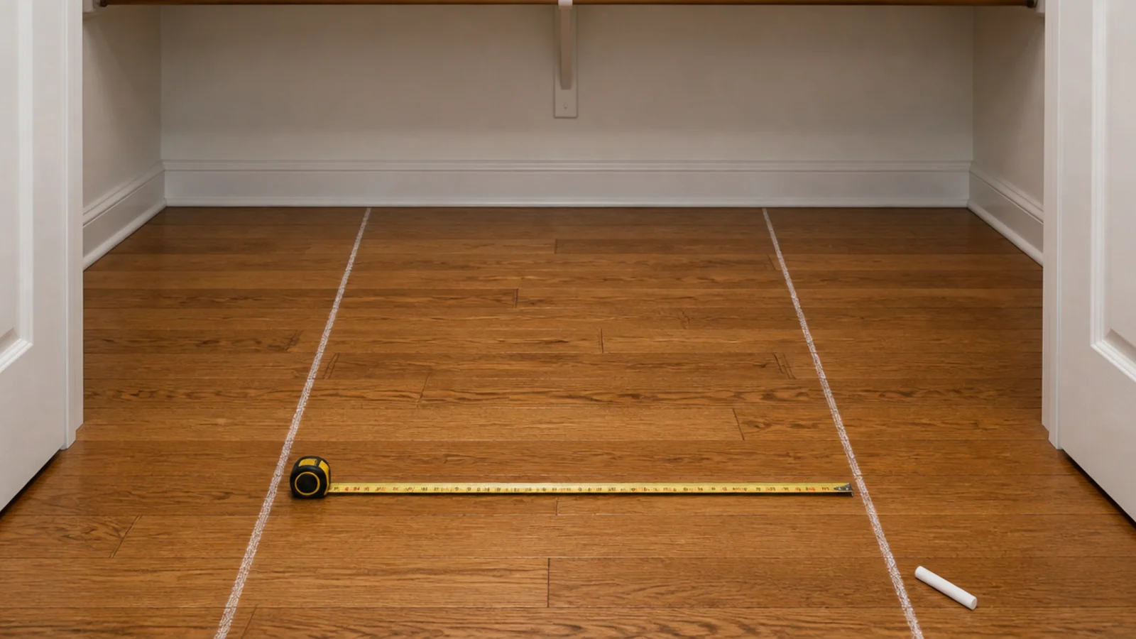 chalk marks setting a thirty six inch walkway inside an empty closet