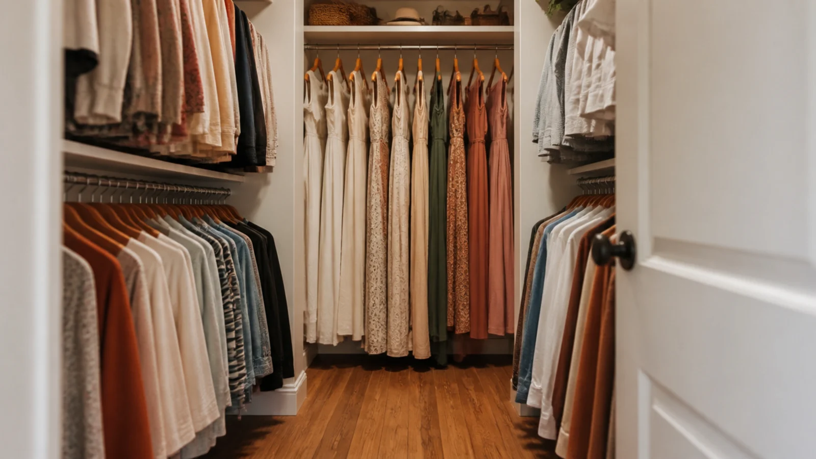 long hanging dresses placed at the far end of a small closet layout