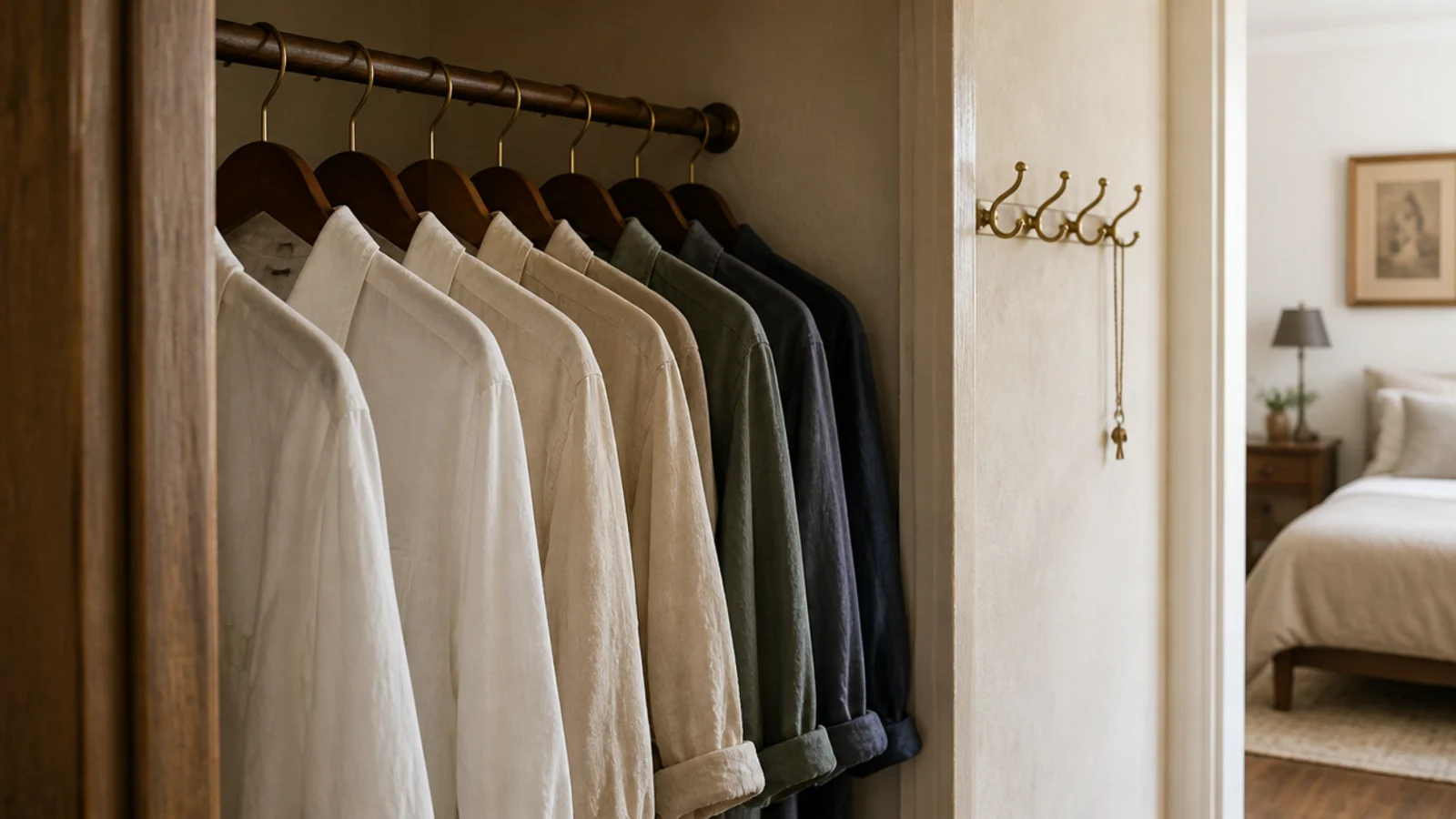 everyday shirts hanging immediately inside a small closet doorway