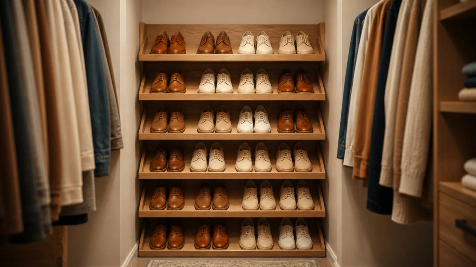 angled shoe shelves filling the end wall of a small walk-in closet