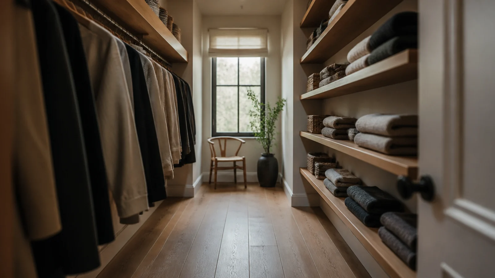 shallow twelve inch shelves on the wall opposite closet hanging