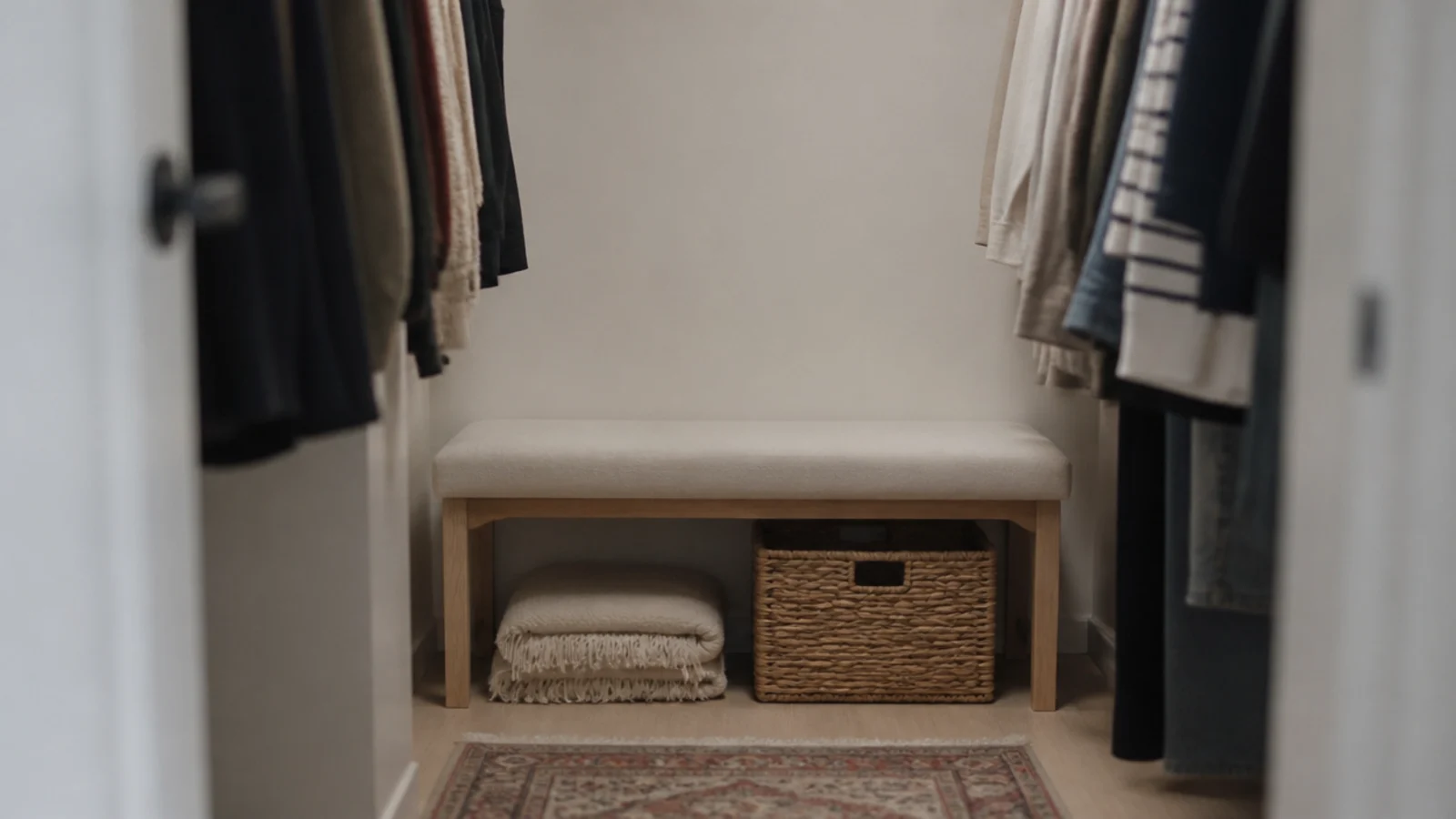 slim upholstered bench set against the end wall of a closet