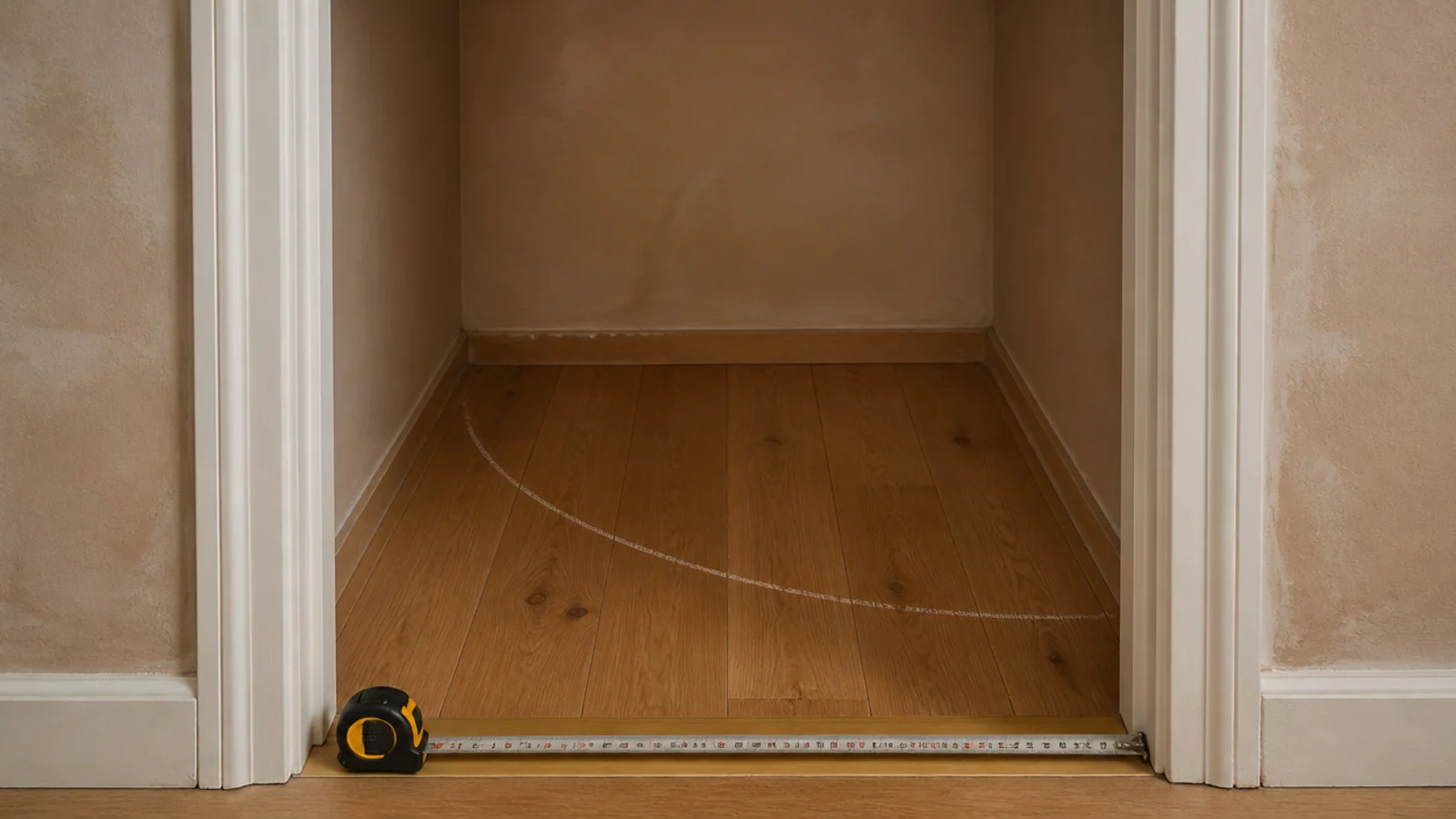 closet door swing arc chalked on the floor before shelving is planned