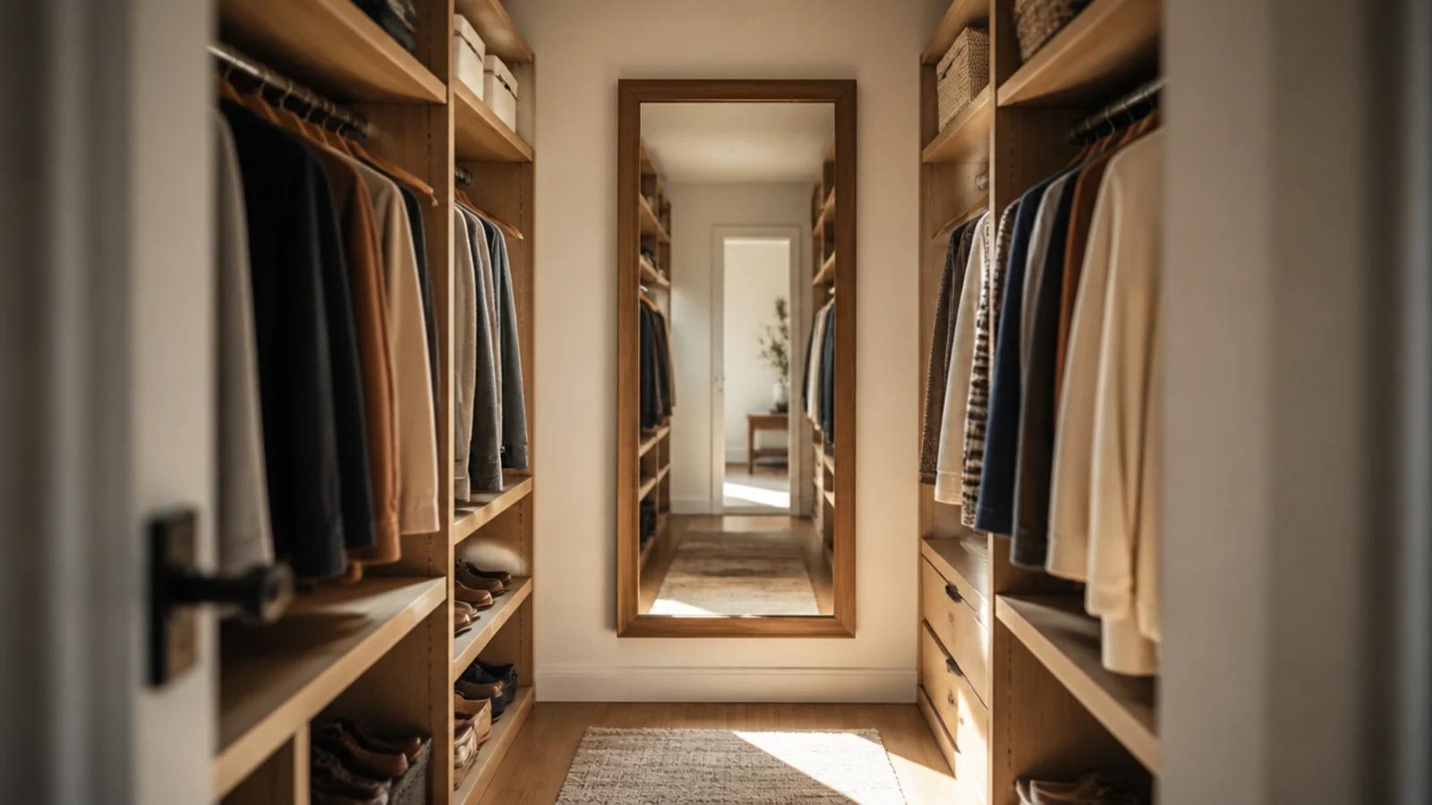 full length mirror at the end of a closet reflecting the whole run