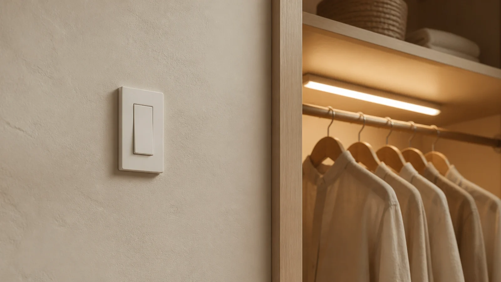 light switch beside a closet doorway with a sensor strip inside