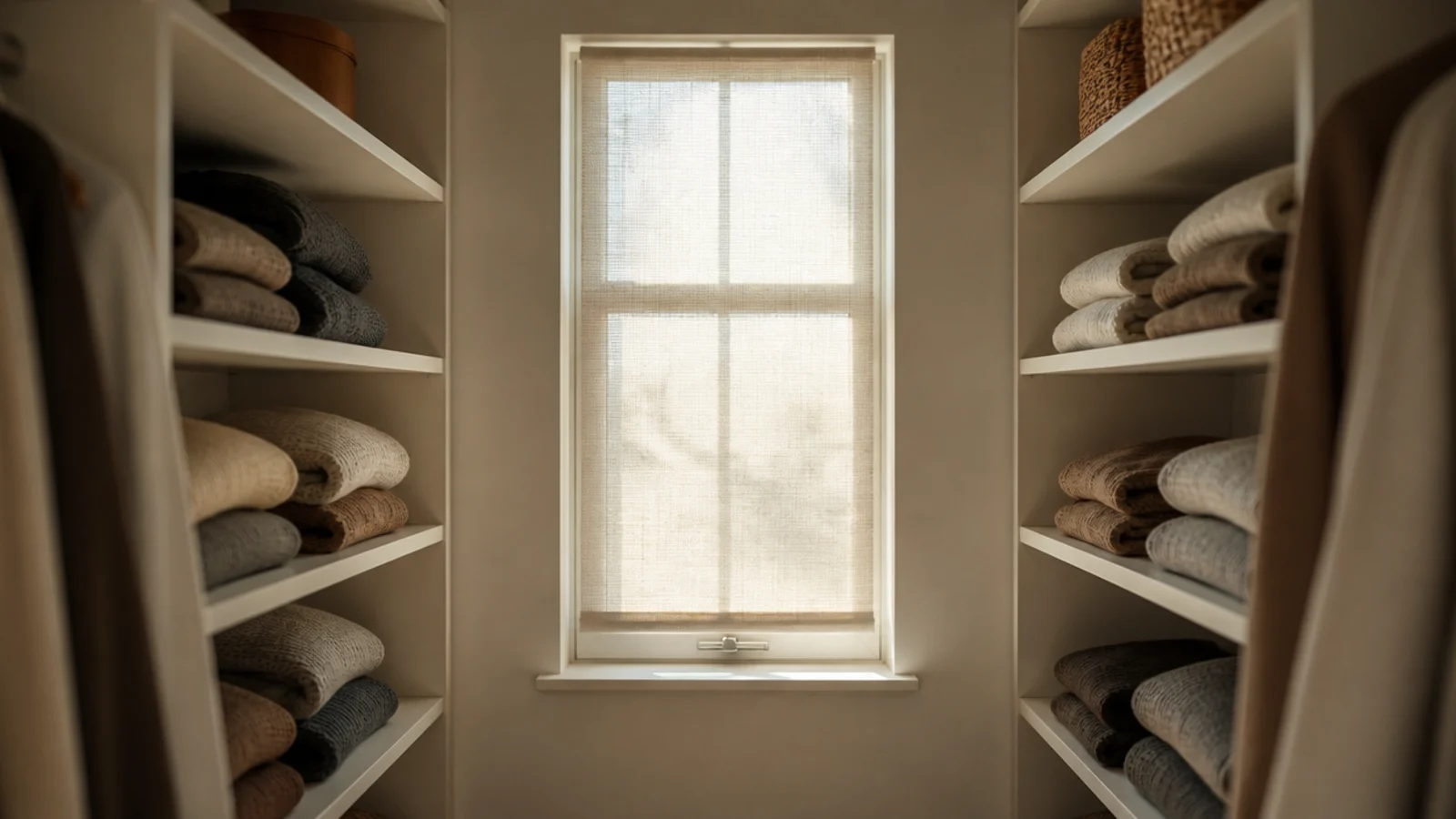 small closet window left clear with shelving stopped either side