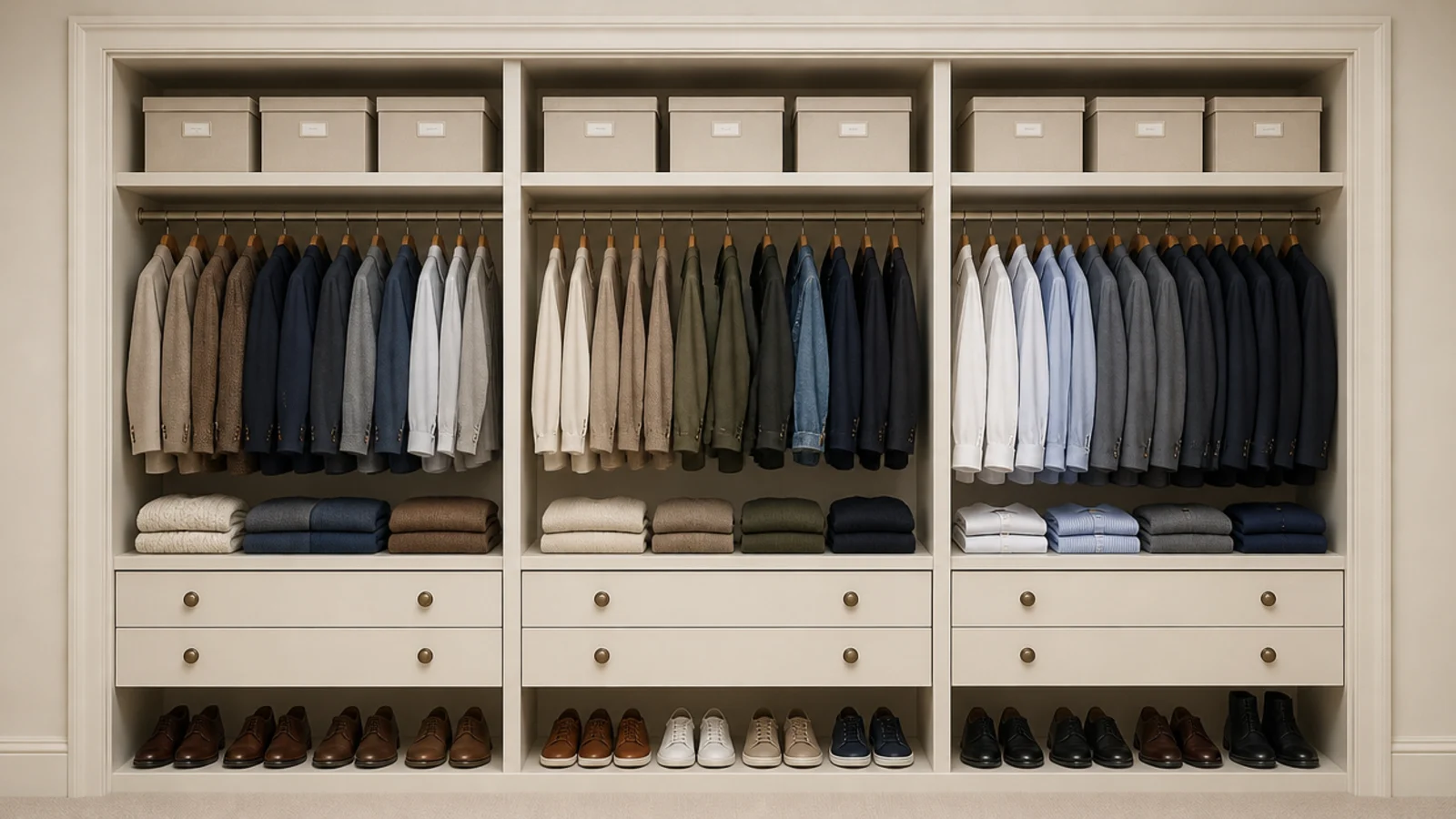 closet wall divided into low middle and high storage zones
