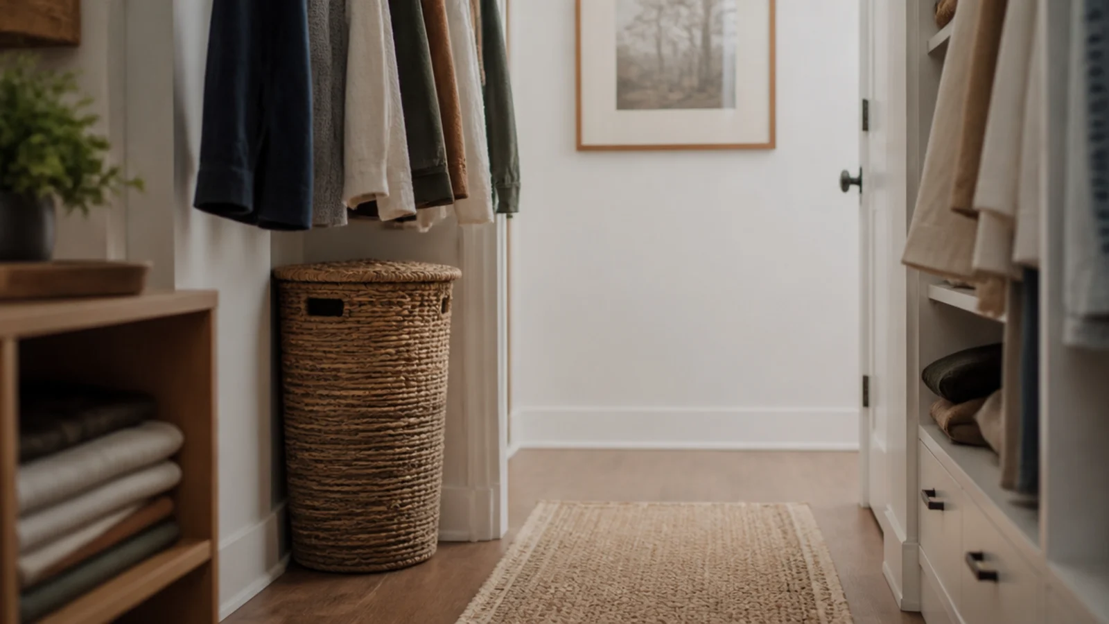 tall laundry basket positioned under closet hanging clear of the walkway