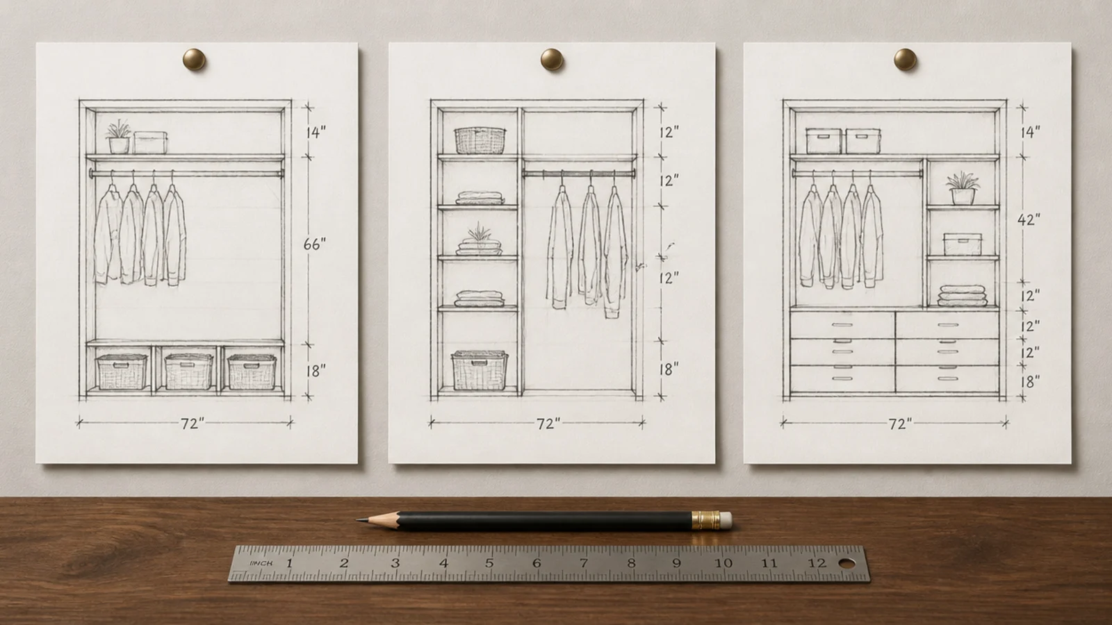 three closet wall elevation drawings pinned above a work surface