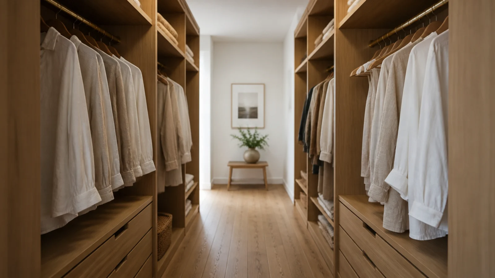 small walk-in closet layout with facing hanging walls and a clear central walkway