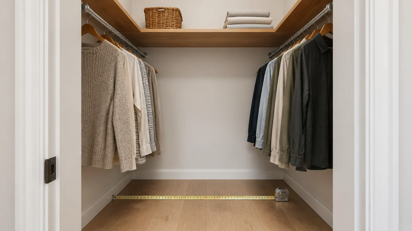tape measure across a narrow closet walkway between two hanging rails