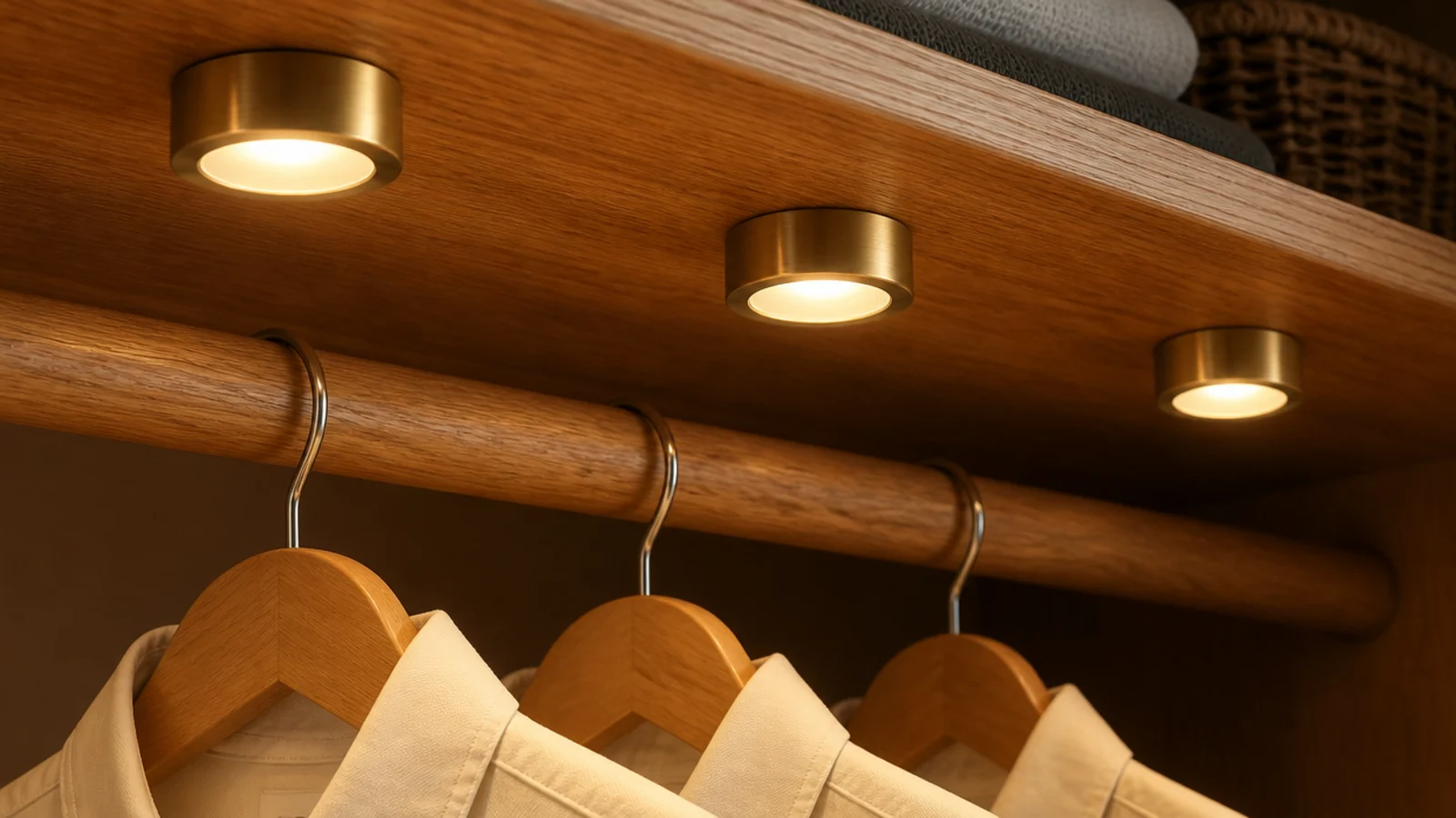 three small puck lights stuck under an oak closet shelf lighting garments