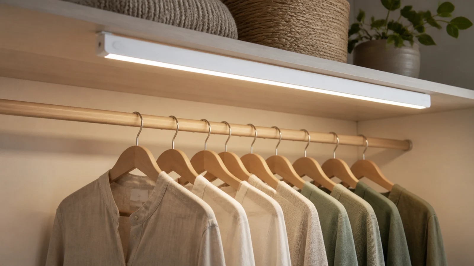 slim motion sensor light bar glowing along a small closet hanging rod
