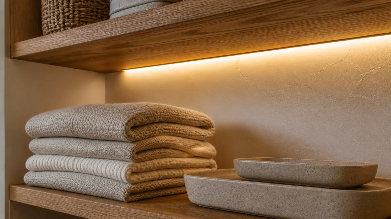 warm LED tape hidden under a closet shelf washing light over folded knits