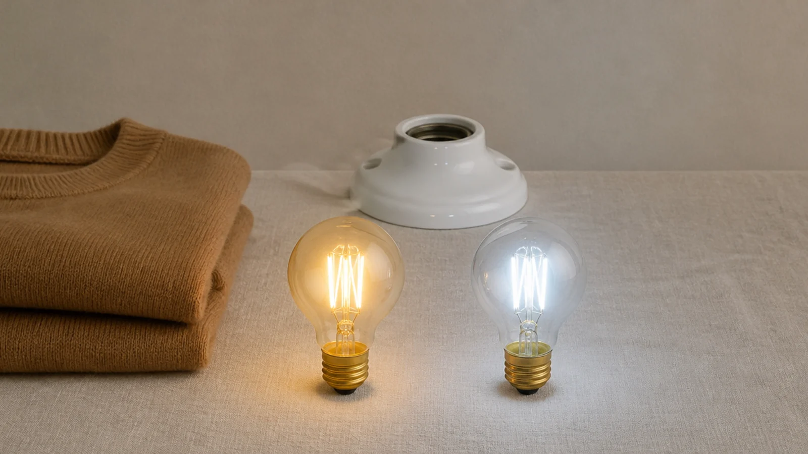 warm 3000K bulb in a plain closet fixture beside a cool white one