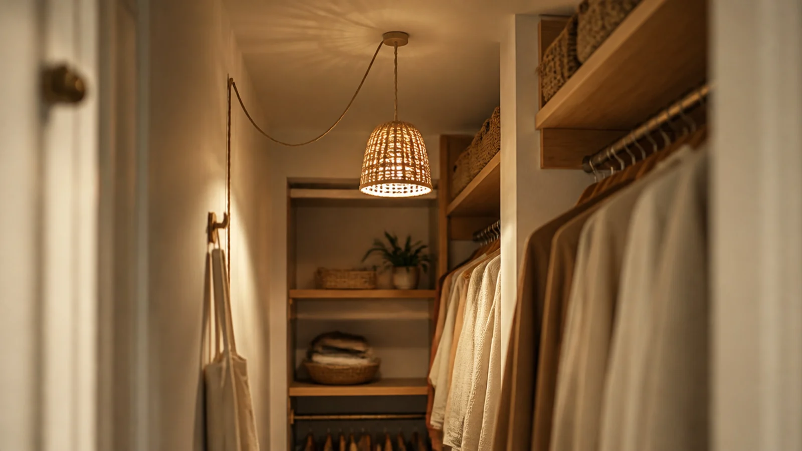 small rattan pendant plugged in and hooked above a narrow closet walkway