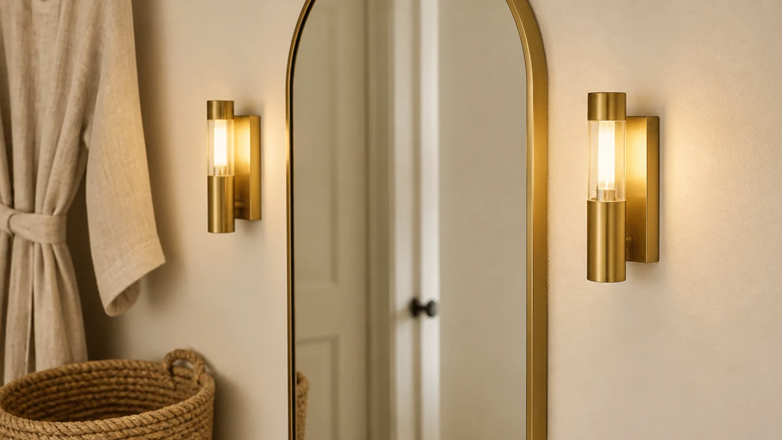 pair of battery sconces flanking a mirror inside a small walk-in closet