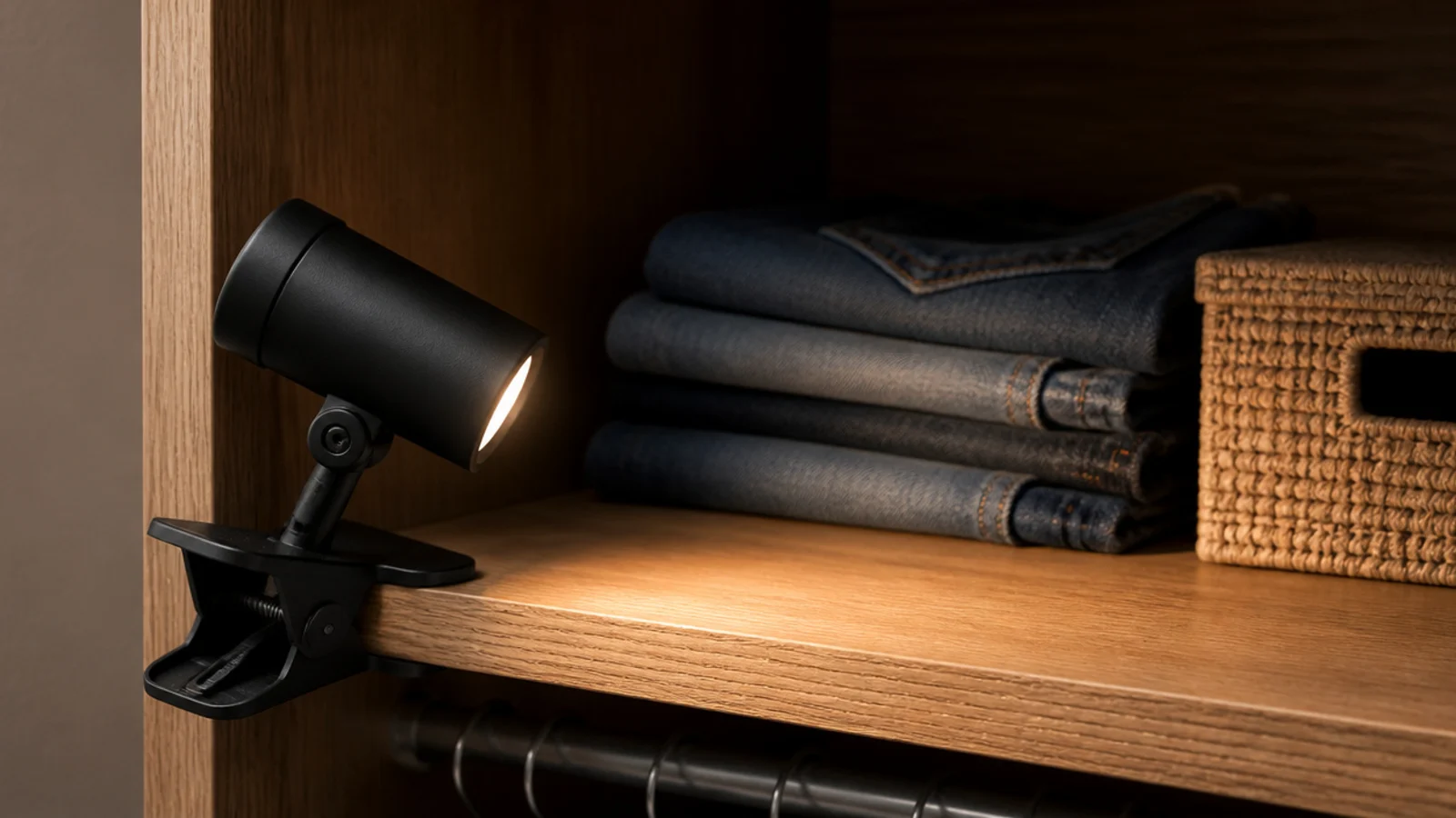 small clip-on lamp gripping a closet shelf edge lighting a dark corner
