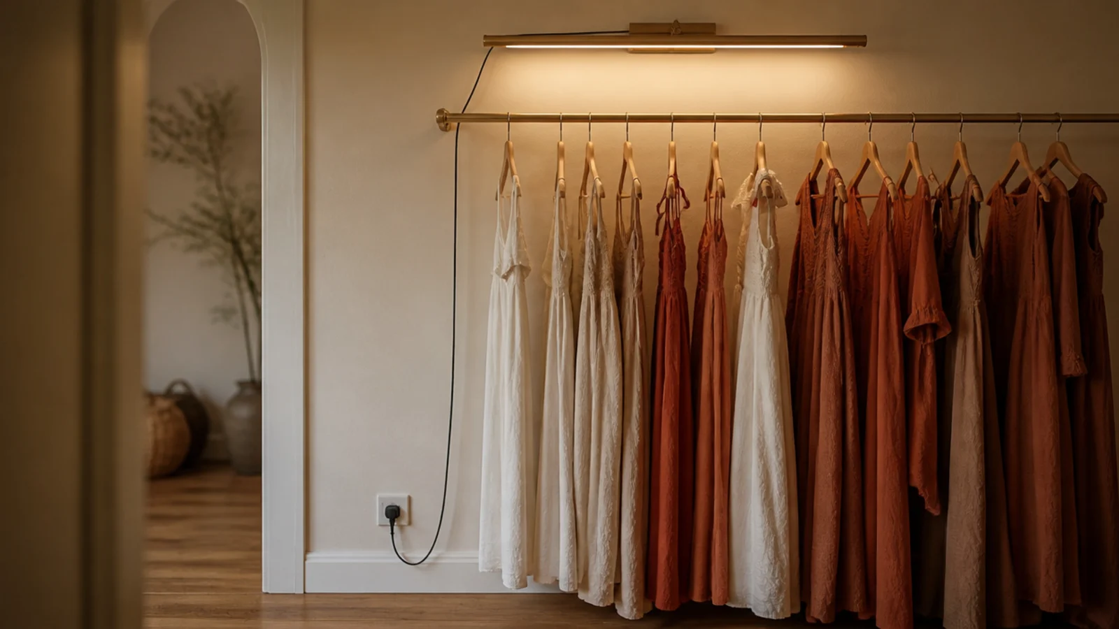 brass picture light glowing above long hanging dresses in a small closet