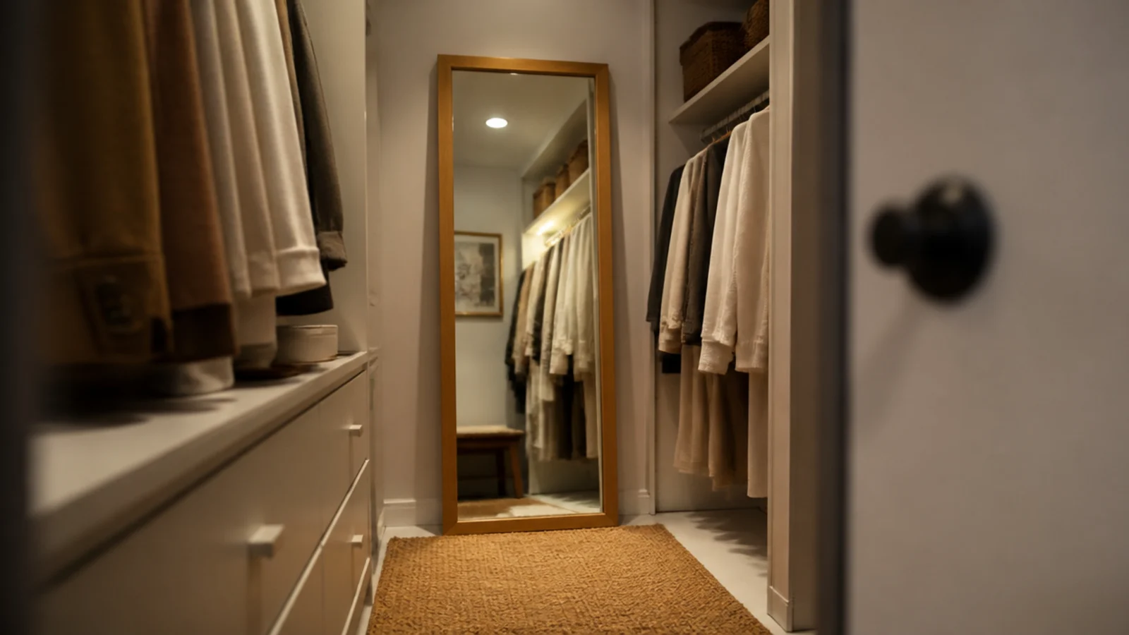 full length leaning mirror reflecting warm light in a small walk-in closet