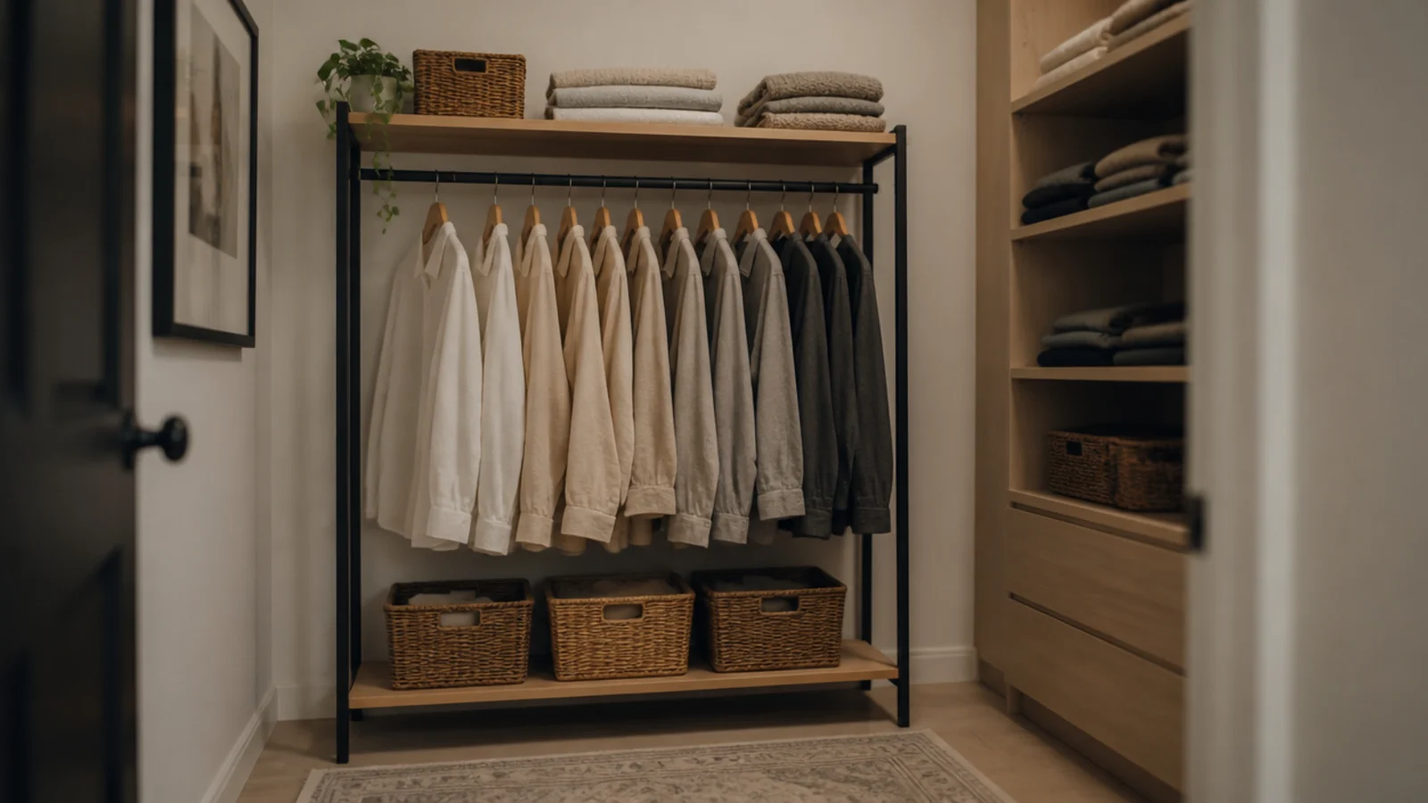 freestanding wooden clothes rack fitted into a narrow walk-in closet bay
