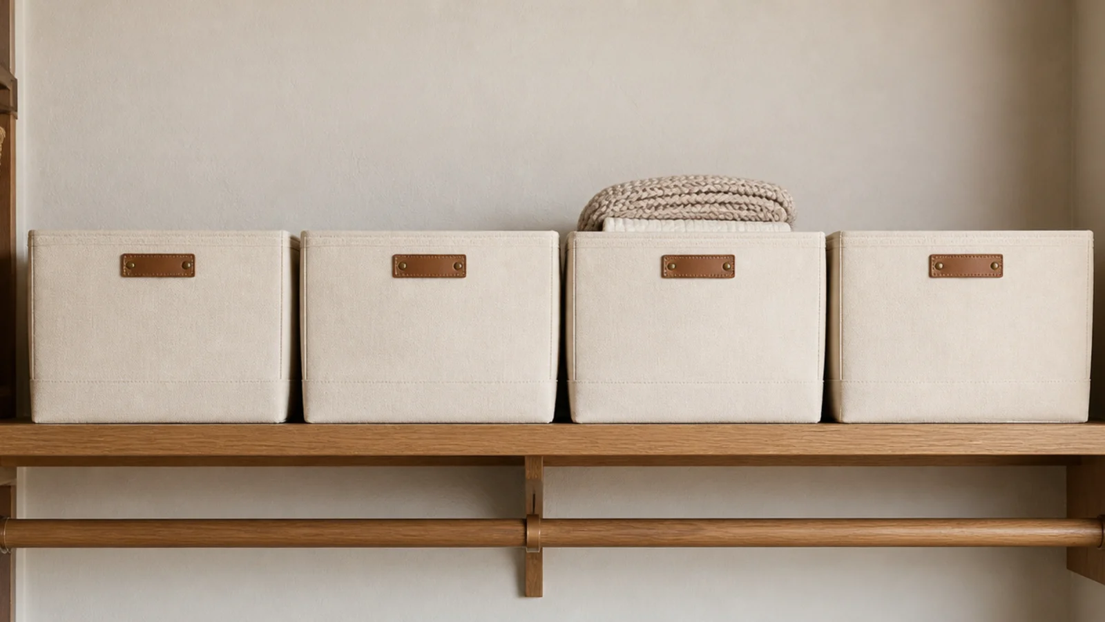 row of matching canvas bins lined along a small closet top shelf