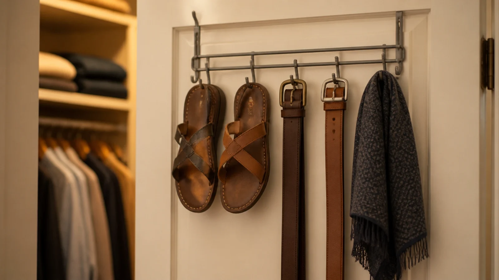 over the door rack holding shoes and belts inside a small closet
