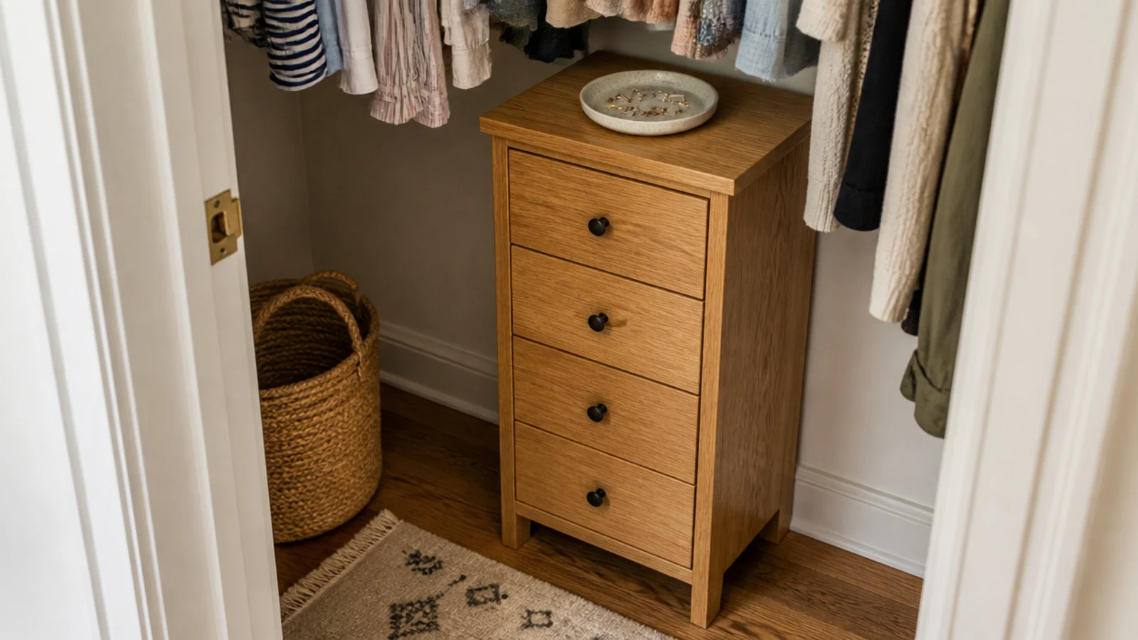 narrow wooden drawer tower tucked under hanging clothes in a small closet