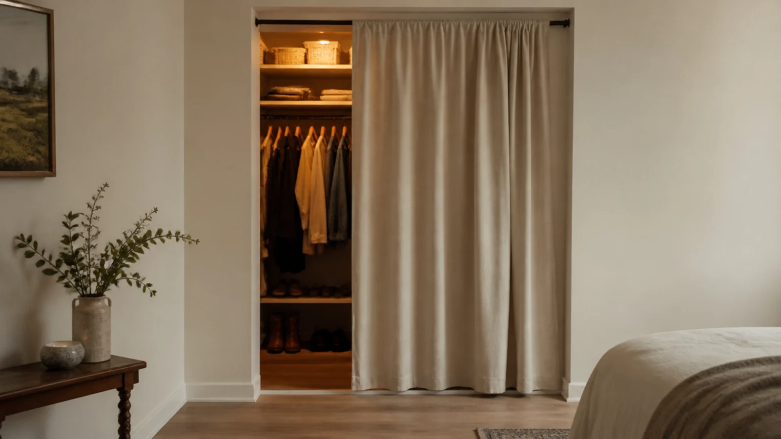 linen curtain hung across a small walk-in closet doorway on a tension rod