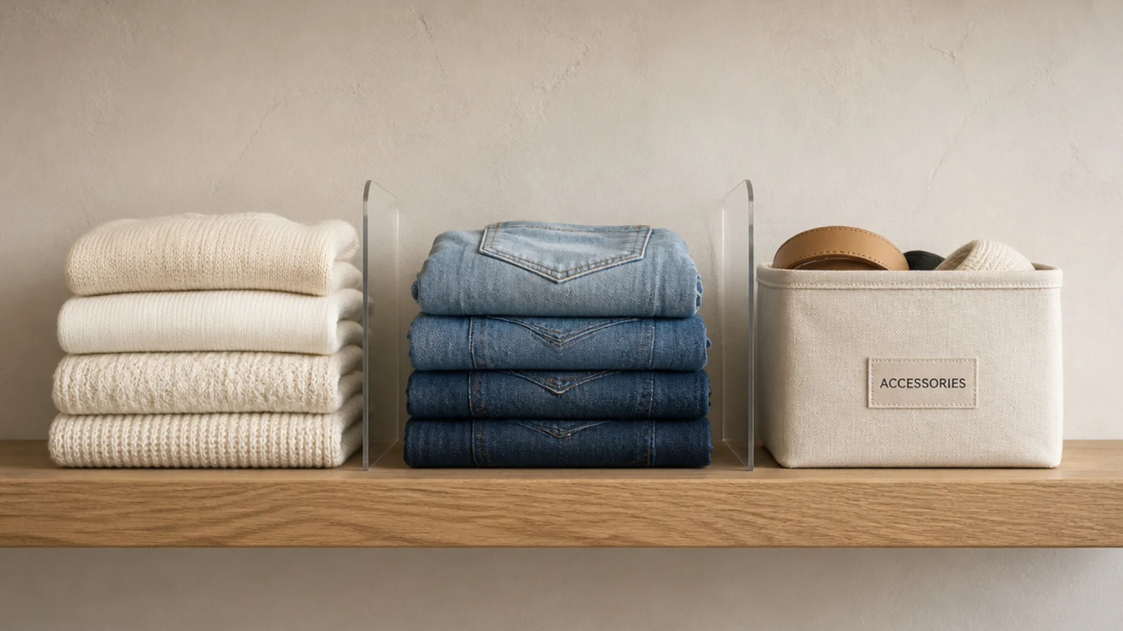 closet shelf divided into neat zones of folded clothes and labeled bins