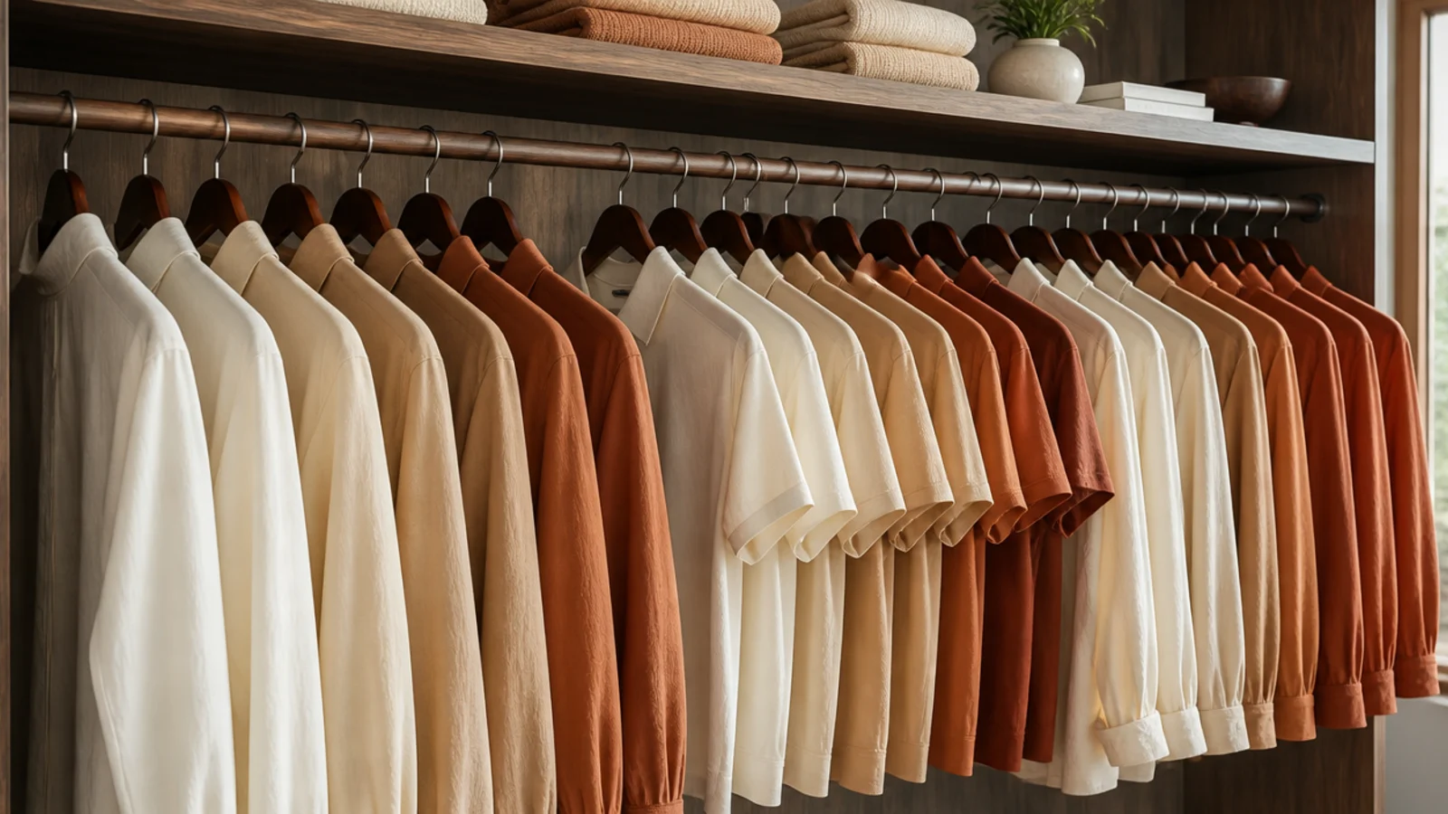 shirts grouped by type then shaded light to dark on a closet rail