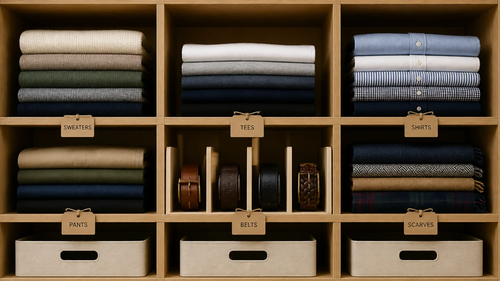 labeled closet shelf with each category in its own defined slot