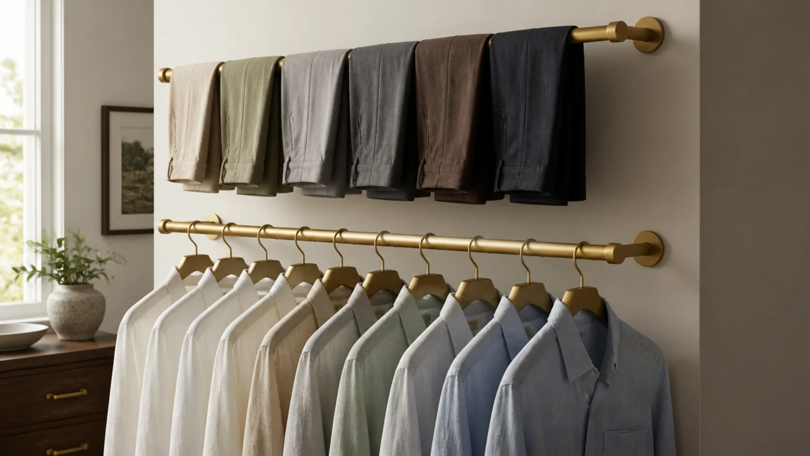 double hung closet rods holding shirts above and trousers below